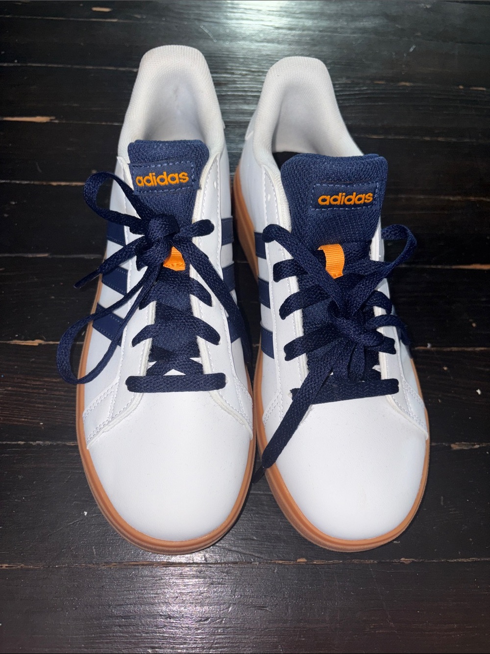 Adidas White Sneakers with Navy Accents and Gum Outsole